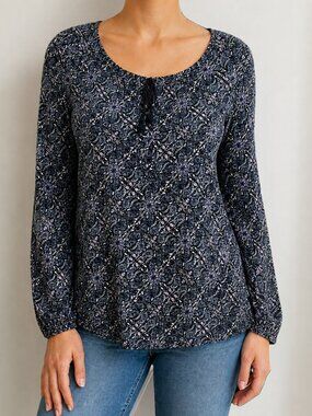 Daniel Rainn Black Floral Tie-Neck Long Sleeve Blouse Size M Elastic sleeve cuff